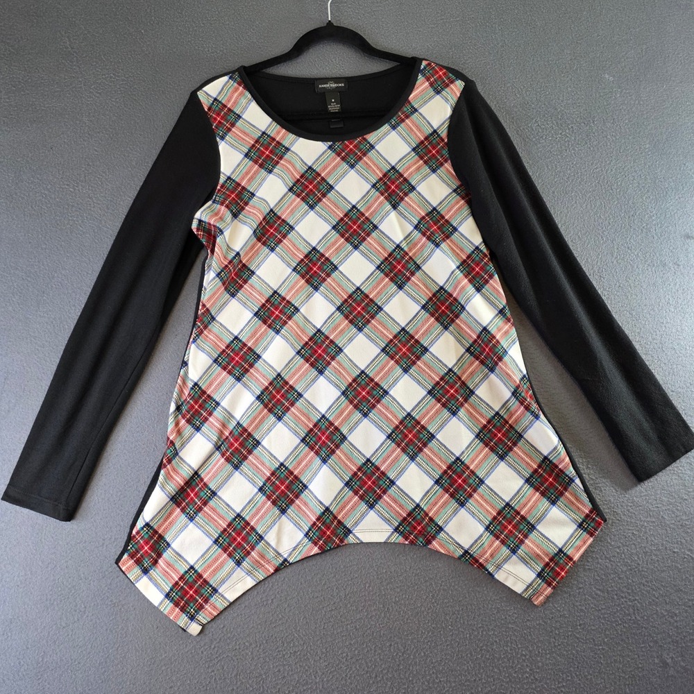 Karen Brooks Womens Plaid Sharkbite Hem Tunic Top Black Red White Medium